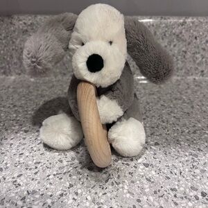 Jellycat Shoo Shu Puppy: Gray & White Plush Puppy Dog Toy with Wooden Ring